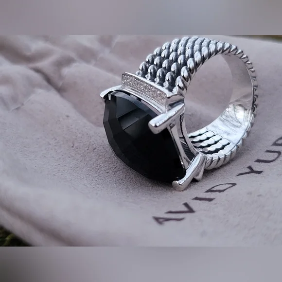 David Yurman Sterling Silver Wheaton 14x20mm Black Onyx & Diamond Ring - Picture 12 of 16